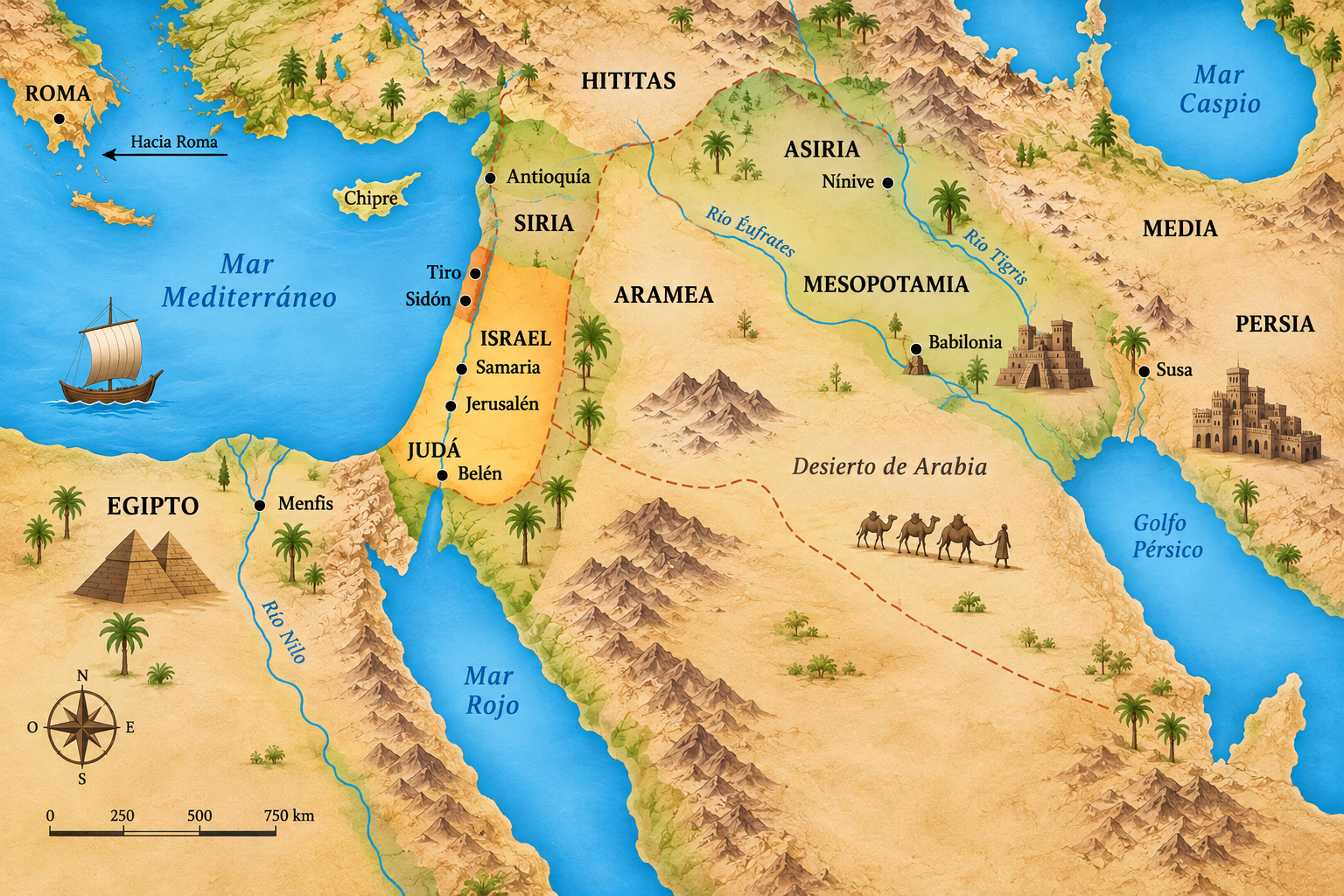 Mapa bíblico de Egipto, Jerusalén, Canaán y Mesopotamia